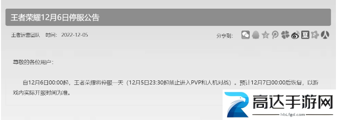 王者荣耀12月6日为什么不能玩 12月6日停服一天公告